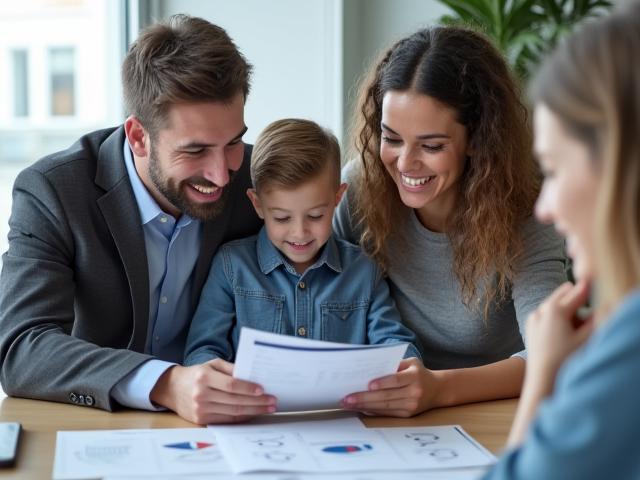 Diverse group of smiling people, possibly new immigrants, looking at a financial document together
