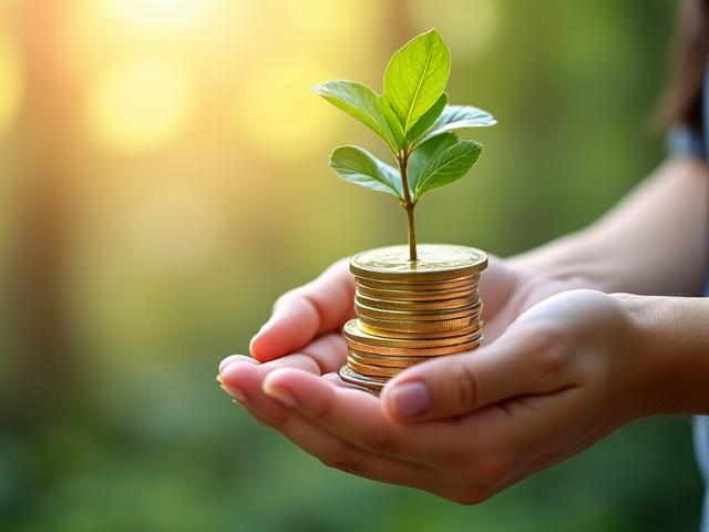 Hands holding a stylized sapling growing from coins, representing sustainable and ethical investing.
