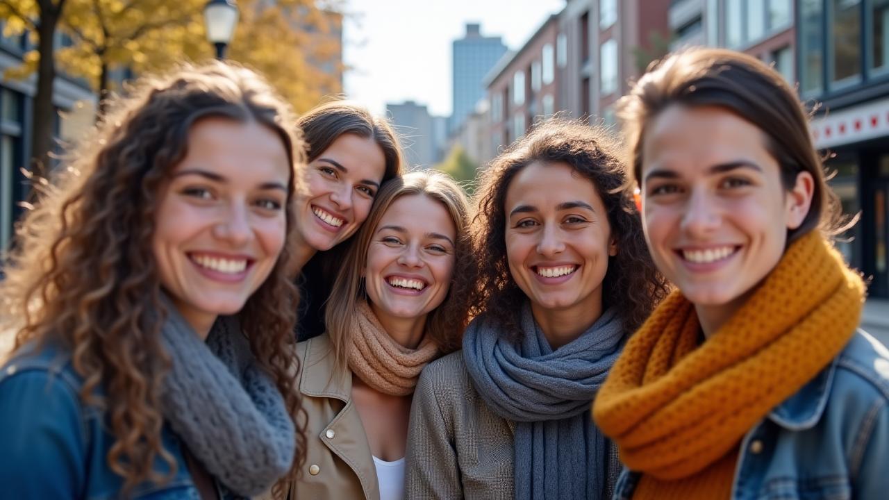 Diverse group of smiling new Canadians with subtle Canadian symbols in the background, symbolizing welcome and opportunity.